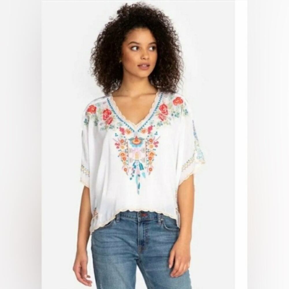 Johnny Was Klarah White Floral Embroidered Top Shirt Blouse Size S